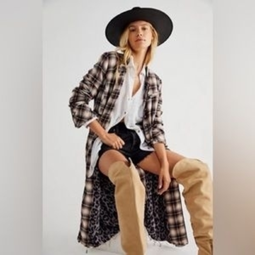 We The Free People ODESSA Military Style Plaid Trench Coat Duster Jacket READ!!